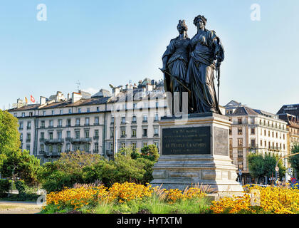 Geneva, Switzerland - August 30, 2016: Statue of Geneva joining the rest of Switzerland which is placed in English Garden of Geneva city center, Switz Stock Photo