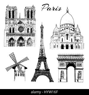 Set of Paris symbols. Eiffel tower, Notre Dame, Arc de Triomphe, Basilica of Sacre Coeur, Moulin Rouge. Vector hand drawn sketch illustration. City pa Stock Vector