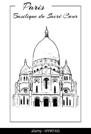 Basilica of Sacre Coeur, Montmartre. Paris symbol. The Basilica of the Sacred Heart. Hand drawing sketch vector illustration. Touristic place. Can be  Stock Vector