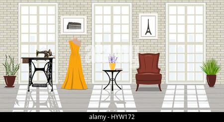 Fashion salon, Loft space Interior. Big windows, brick white walls, sunlight. Tailor workplace. Vogue studio, wooden floor, Dummy, dress, chair, sewin Stock Vector