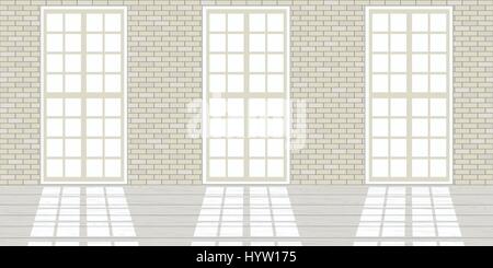 Loft studio Interior. Big windows, brick white walls, sunlight. Luxury modern empty space. Daylight studio, white wooden floor and large industrial wi Stock Vector