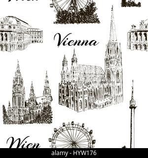Set of Vienna symbols. Donauturm, Stephansdom, Rathaus, Prater, Vienna State Opera House. Wiener Staatsoper. Hand drawn sketch seamless pattern vector Stock Vector