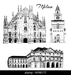 Set of Milan symbols. Duomo di Milano, Teatro alla Scala, Sforza Castle or Castello Sforzesco. Vector hand drawn sketch illustration. City panorama. I Stock Vector