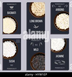 Labels set with Different types of rice in pots. Basmati, wild, jasmine, long brown, arborio, sushi. Premium quality text. Vector illustration. top vi Stock Vector