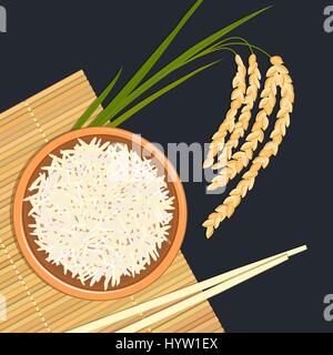 Rice in ceramic bowl with chopsticks. Kitchen bamboo mat, spikelet. Text high quality. Vector illustration. For culinary, cafe, fastfood, shop, restau Stock Vector