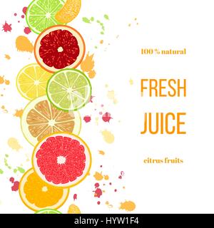 Citrus fruits fresh juice. Bergamot, lemon, grapefruit, lime, mandarin, pomelo, orange, blood orange with splashes and slices. For fresh bar, cocktail Stock Vector