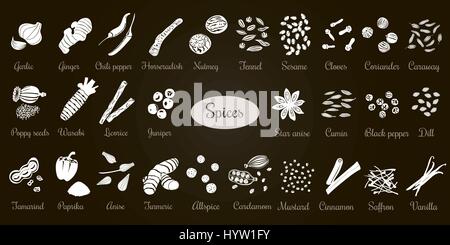 Big vector set of popular culinary spices White Silhouettes on black. Ginger, chili pepper, garlic, nutmeg, anise etc. For cosmetics, spa, health care Stock Vector
