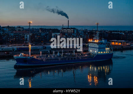 Helsinki, Finland - March 31, 2017: Bunker vessel Lotus, an oil and chemical transport ship, moored in port of Helsinki. Stock Photo