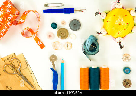 High angle view of a collection of sewing items Stock Photo