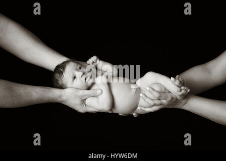 Black and white portrait of a ten day old newborn baby girl being held by her mother and father's hands. Photographed in a studio on a black backgroun Stock Photo