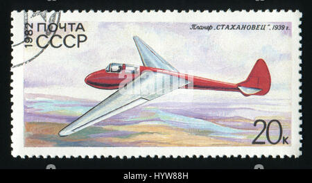 USSR - CIRCA 1982: A post stamp printed in USSR shows the glider Stakhanovets, circa 1982. Stock Photo