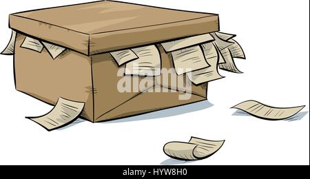 A cartoon, cardboard box with documents spilling out of it. Stock Vector