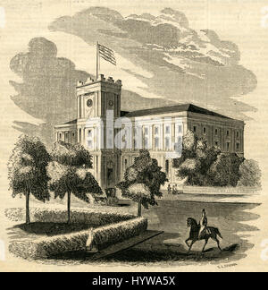 Antique 1854 engraving, 'New Arsenal at Springfield, Massachusetts.' The Springfield Armory, located in the city of Springfield, Massachusetts, was the primary center for the manufacture of U.S. military firearms from 1777 until its closing in 1968. SOURCE: ORIGINAL ENGRAVING. Stock Photo