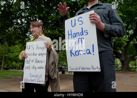 Washington, DC, USA. 26th April, 2017. As tensions continue to rise between US and North Korea, members of the Socialist Workers Party protest against US involvement in the Korean peninsula in front of the White House. Credit: B Christopher/Alamy Live News Stock Photo