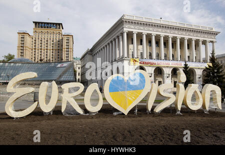 Kiev, Ukraine. 26th Apr, 2017. The logo of the Eurovision Song Contest 2017 installed at the Independence Square in center of Kiev, Ukraine, on 26 April 2017. The will contest consist of two semi-finals that will be held on 9 and 11 May and a grand final that will take place at the International Exhibition Centre in Kiev on 13 May. Credit: Serg Glovny/ZUMA Wire/Alamy Live News
