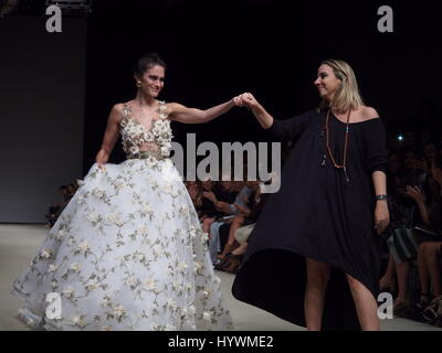 Lima, Peru. 26th April, 2017. Designer Angie Schlegel (R) in the Lima Fashion Week 2017 (LIFWEEK 2017) festival. Event shows the best Peruvian designers for autumn-winter season 2017 from April 25th to 28th at the Convention Centre of Lima. Stock Photo