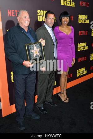 Los Angeles, USA. 06th Apr, 2017. Sandy Wernick with actors Adam Sandler & Jennifer Hudson at the premiere for 'Sandy Wexler' at The Cinerama Dome, Hollywood. Picture Credit: Sarah Stewart/Alamy Live News Stock Photo