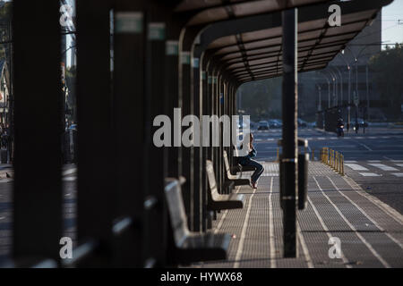 Buenos Aires, Argentina. 6th Apr, 2017. A woman sits on the street during a national strike in Buenos Aires, Argentina, on April 6, 2017. Credit: Martin Zabala/Xinhua/Alamy Live News Stock Photo