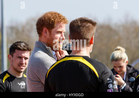 Bath, UK, 7th April, 2017. Prince Harry is pictured talking to Athlete's at the University of Bath Sports Training Village during his visit to the UK team trials for the 2017 Invictus Games. The games are a sporting event for injured active duty and veteran service members,more than 550 competitors from 17 nations will compete in a dozen adaptive sports in Toronto,Canada in September 2017. Credit: lynchpics/Alamy Live News Stock Photo