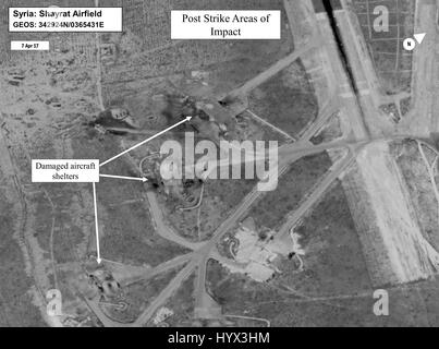 Arlington, United States Of America. 07th Apr, 2017. Battle damage assessment image of Shayrat Airfield in Syria following U.S. Tomahawk Cruise Missile strikes against the target April 7, 2017. The U.S. Navy Arleigh Burke-class guided-missile destroyers USS Porter and USS Ross launched 59 missiles at the airbase was in response to Syria using chemical weapons against the village of Khan Sheikhun. Credit: Planetpix/Alamy Live News Stock Photo
