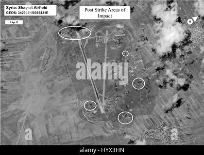 Arlington, United States Of America. 07th Apr, 2017. Battle damage assessment image of Shayrat Airfield in Syria following U.S. Tomahawk Cruise Missile strikes against the target April 7, 2017. The U.S. Navy Arleigh Burke-class guided-missile destroyers USS Porter and USS Ross launched 59 missiles at the airbase was in response to Syria using chemical weapons against the village of Khan Sheikhun. Credit: Planetpix/Alamy Live News Stock Photo