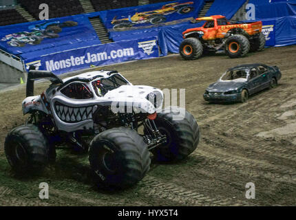 Vancouver, Canada. 7th Apr, 2017. A monster truck performs during the Monster Jam show at Pacific Coliseum in Vancouver, Canada, April 7, 2017. Credit: Liang Sen/Xinhua/Alamy Live News Stock Photo