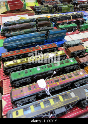 A selection of rare and collectable Hornby Dublo trains and accessories for sale at a Vintage Toy Fair at Bath & West Showground, Somerset, England Stock Photo