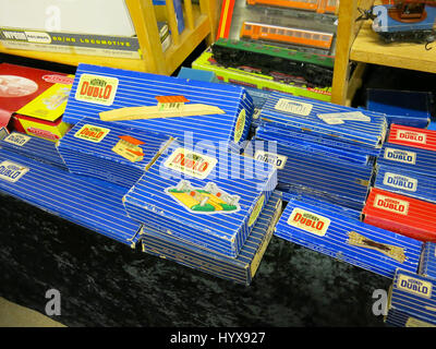 A selection of rare and collectable Hornby Dublo trains and accessories for sale at a Vintage Toy Fair at Bath & West Showground, Somerset, England Stock Photo