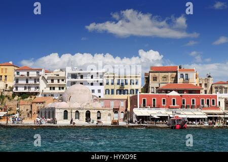 View over Venetian Harbour to Mosque of the Janissaries, Chania (Hania), Chania region, Crete, Greek Islands, Greece, Europe Stock Photo