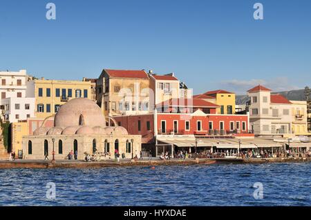 View over Venetian Harbour to Mosque of the Janissaries, Chania (Hania), Chania region, Crete, Greek Islands, Greece, Europe Stock Photo