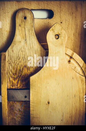 Set of standing weathered wood cutting and bread boards, texture, cooking concept, background, template, close up Stock Photo