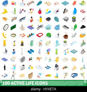 100 active life icons set, isometric 3d style Stock Vector