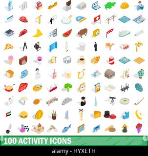 100 activity icons set, isometric 3d style Stock Vector