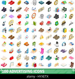 100 advertising icons set, isometric 3d style Stock Vector
