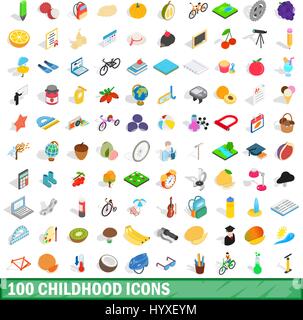 100 childhood icons set, isometric 3d style Stock Vector