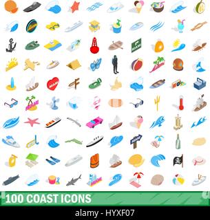 100 coast icons set, isometric 3d style Stock Vector