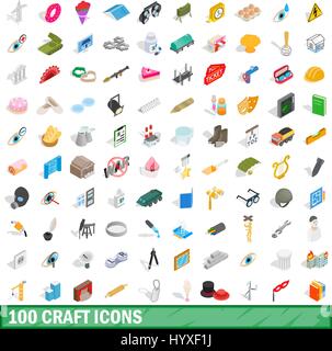 100 craft icons set, isometric 3d style Stock Vector