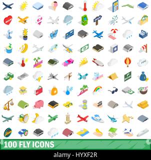 100 fly icons set, isometric 3d style Stock Vector