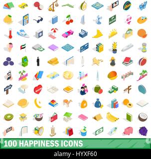 100 happiness icons set, isometric 3d style Stock Vector