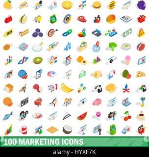 100 marketing icons set, isometric 3d style Stock Vector