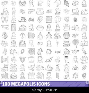 100 megapolis icons set, outline style Stock Vector