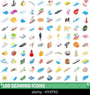 100 seawind icons set, isometric 3d style Stock Vector