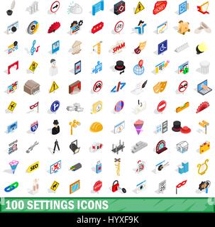 100 settings icons set, isometric 3d style Stock Vector