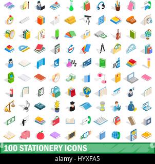 100 stationery icons set, isometric 3d style Stock Vector