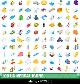100 universal icons set, isometric 3d style Stock Vector