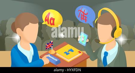 Translator horizontal banner, cartoon style Stock Vector