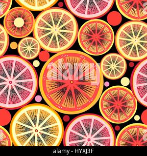 Graphic pattern of orange and lemon slices on a dark background Stock Vector