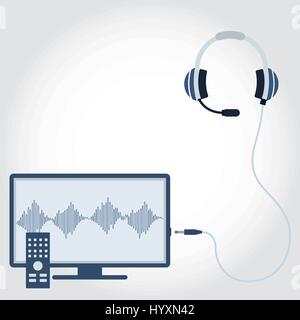 Television and headphone with microphone unplugged. Sound wave symbol showing on monitor. Empty space for insert text. Flat design. Stock Vector