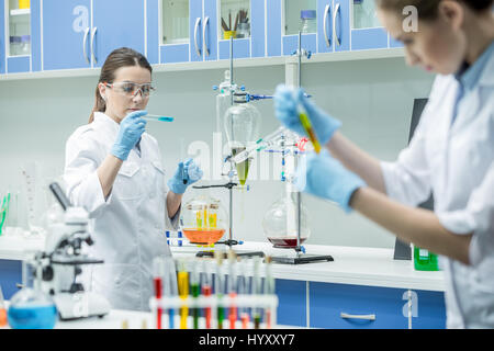 Two young female scientists working in chemical laboratory Stock Photo