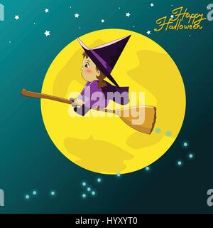 Little witch flying on a broomstick, Halloween cartoon vector illustration Stock Vector